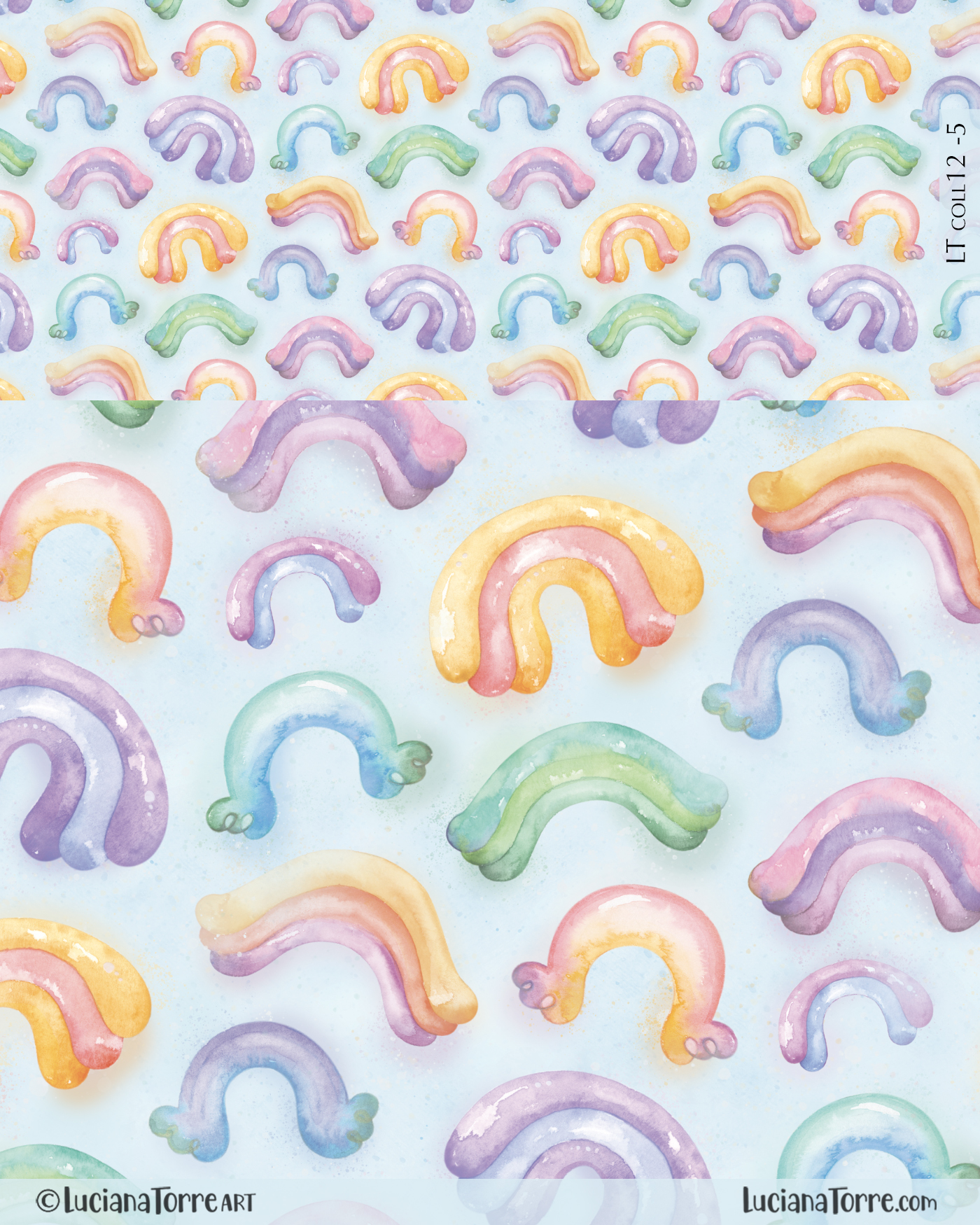 trendy baby pattern repeat with hand painted pastel rainbows in juvenile style. whimsical print of rainbows in seamless repeating pattern for fashion kids textiles​,​ children's decor and kids apparel​,​ children's wear and baby products​,​ painted by hand in watercolours in soft pastels color palette by floral artist Luciana Torre.
I’m Luciana Torre, a fine artist & illustrator, freelance graphic designer & surface pattern designer with the passion for hand drawn lettering. I’m a commercial artist specialized in watercolor floral illustrations and hand painted botanical designs with gorgeous butterflies. I create joyful art for products available in two ways: by licensing my ready-made designs and creating custom artwork, prints & surface pattern designs. Luciana Torre Art creates unique floral designs and watercolor botanical illustrations for stationery and paper products, as well as floral textiles