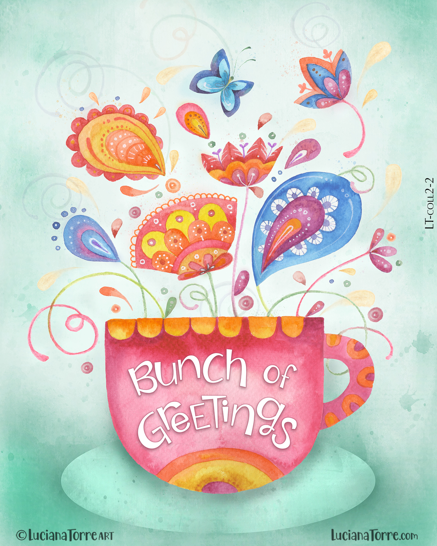 playful illustration of a modern spring flower bunch blooming from a red cup of herbal tea. Is a joyful illustration of a bouquet of summer florals and blooms with festive lettering for send friendship, love and sympathy. cheerful party design with positive quote of encouragement special for greeting card​s,​ gift bags​,​ stationery and paper products. This botanical illustration is painted by hand in watercolours in pastel colours by floral artist Luciana Torre