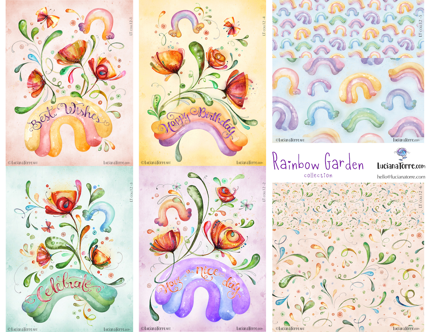 Rainbow Garden design pattern collection is a joyful collection of floral bouquets blooming from cute rainbows with delicate hand drawn letterings.