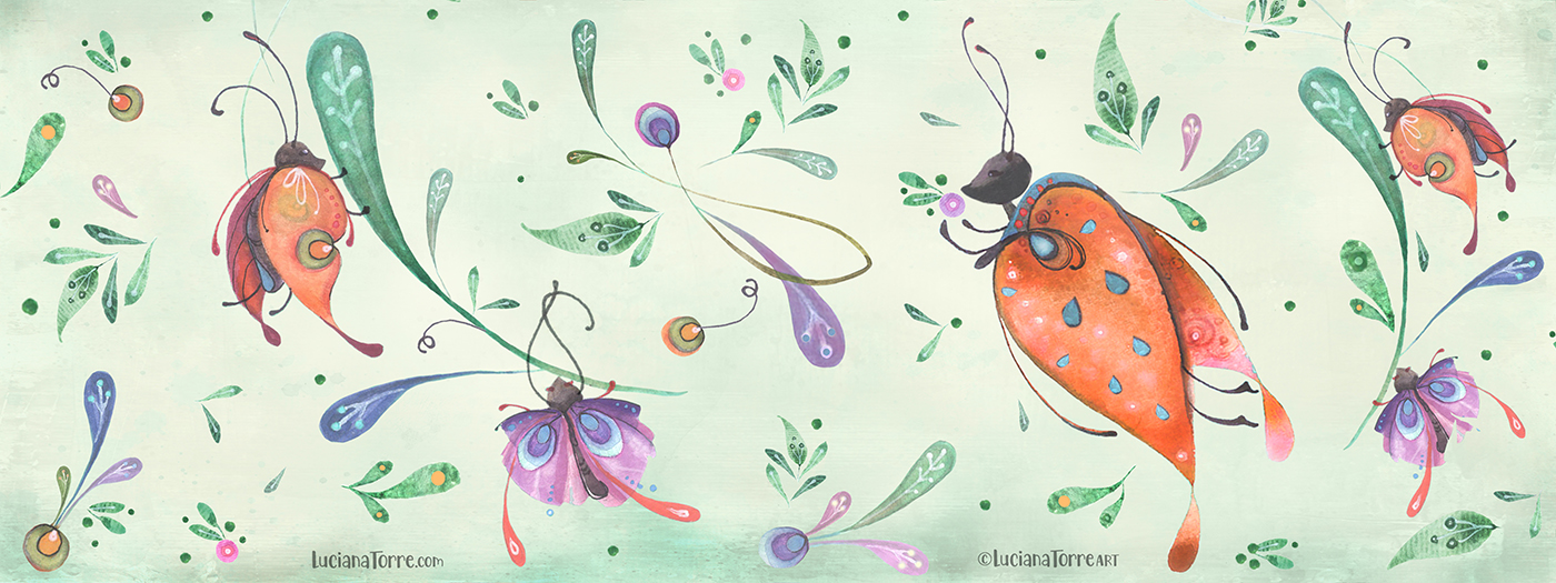 A whimsical illustration featuring colorful butterflies and moths with delicate leaves against a soft green background. The design showcases hand-painted floral elements with a playful and boho-chic aesthetic.