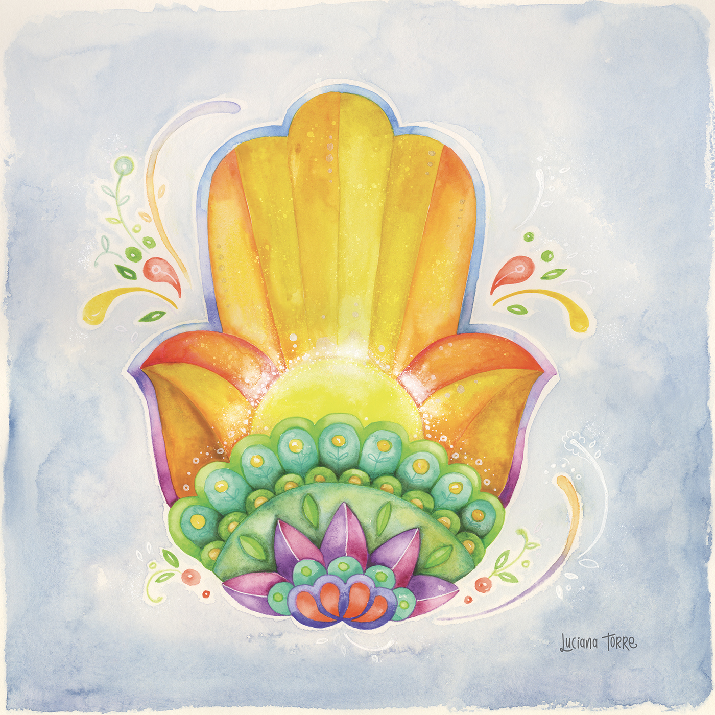 seed of life illustration painted by hand in watercolours with vibrant rainbow tones by licensing artist Luciana Torre. boho flower of life illustration in full colours ideal for wall art and home decor.