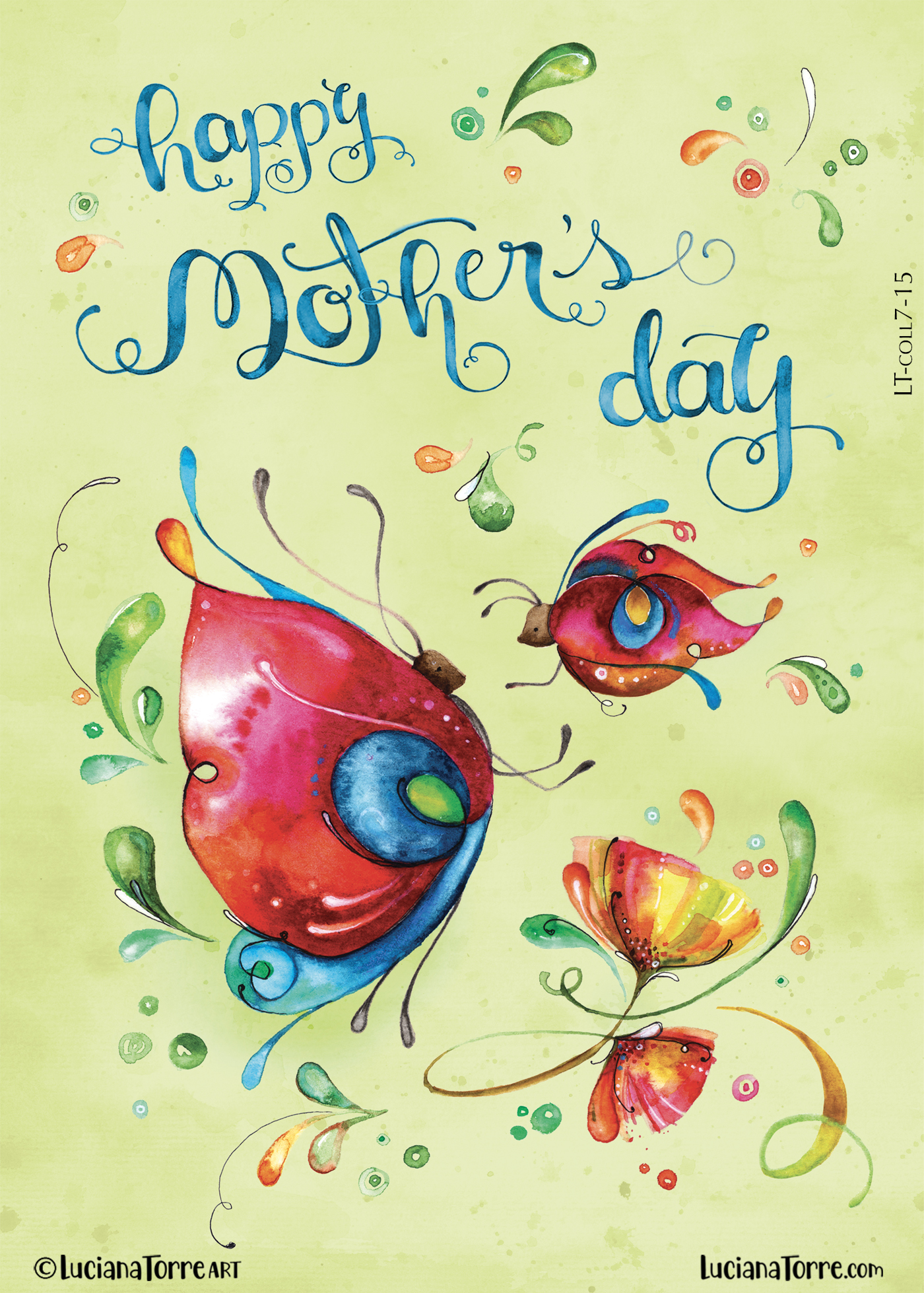 watercolour floral wreath and butterfly design with delicate hand drawn lettering for celebrate Happy Mother's Day. This feminine illustration is ideal for stationery and paper products as greeting cards, gift bags and home decor. Botanical design hand painted in watercolours in pastel tones with spring color palette by floral artist Luciana Torre
I’m Luciana Torre, a fine artist & illustrator, freelance graphic designer & surface pattern designer with the passion for hand drawn lettering. I’m a commercial artist specialized in watercolor floral illustrations and hand painted botanical designs with gorgeous butterflies. I create joyful art for products available in two ways: by licensing my ready-made designs and creating custom artwork, prints & surface pattern designs. Luciana Torre Art creates unique floral designs and watercolor botanical illustrations for stationery and paper products, as well as floral textiles
