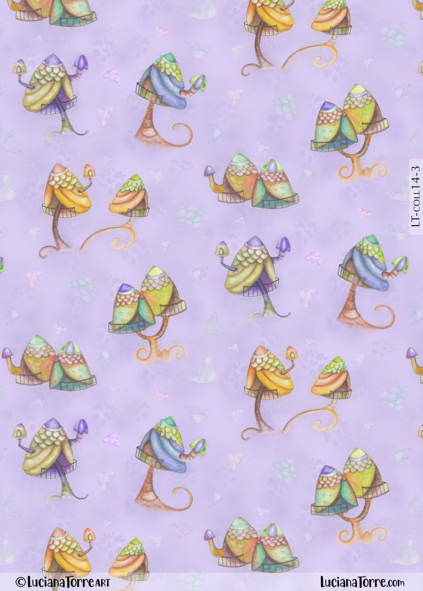 Delicate children design of cute small doll houses, hand painted in watercolor in pastel colours of lilac, violet, green and yellow. It is a whimsical kid's print of a dreamy village with small houses in naif style and vintage look, perfect for baby fabrics, children's rooms decor and kids apparel. Joyful hand-painted children's illustrations by textile designer Luciana Torre Art

I’m Luciana Torre, a fine artist & illustrator, freelance graphic designer & surface pattern designer with the passion for hand drawn lettering. I’m a commercial artist specialized in watercolor floral illustrations and hand painted botanical designs with fairy butterflies. I create joyful art for products available by licensing my ready-made designs and by creating new custom artwork, prints & surface pattern designs. Luciana Torre Art creates joyful floral designs and watercolor botanical illustrations for stationery and paper products, as well as floral textiles.