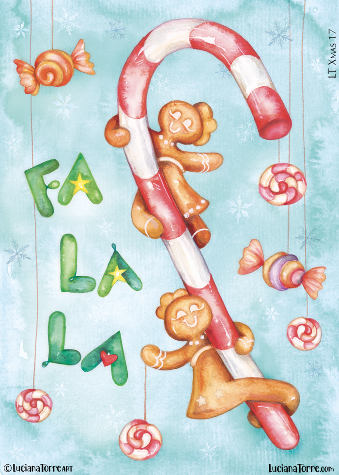 A whimsical hand-painted illustration featuring gingerbread cookies playfully interacting with a peppermint candy cane, surrounded by colorful candy decorations and cheerful lettering 'Fa La La'.