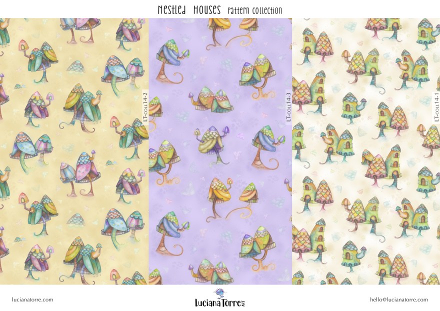 Whimsical children print design of fairy landscape with dollhouses, hand painted in watercolor with pastel color palette of creamy yellow, pastel pink and light green and purple. This delicate baby print design with cute playhouses and fairy houses is painted by hand in vintage style and naif look. Perfect pattern for kids textiles, nursery and baby room decor and children fabrics. Playful hand-painted children's illustrations by textile designer Luciana Torre Art