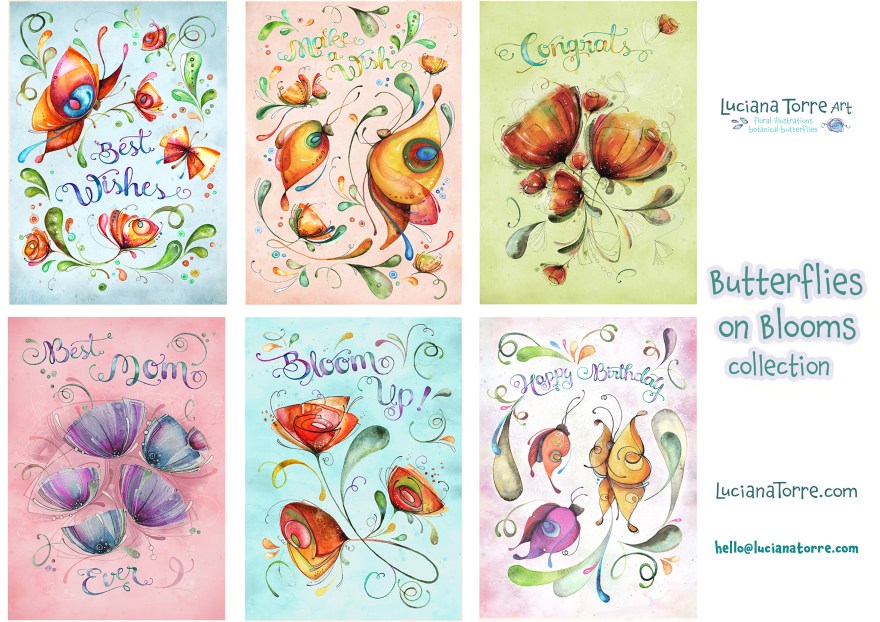 Luciana Torre is a freelance illustrator, graphic & surface pattern designer with the passion for hand drawn lettering. She is a commercial artist specialized in watercolor floral illustrations and hand painted botanical designs with fairy butterflies. She creates joyful art for products available by licensing designs and by creating new custom artwork, prints & botanical prints.