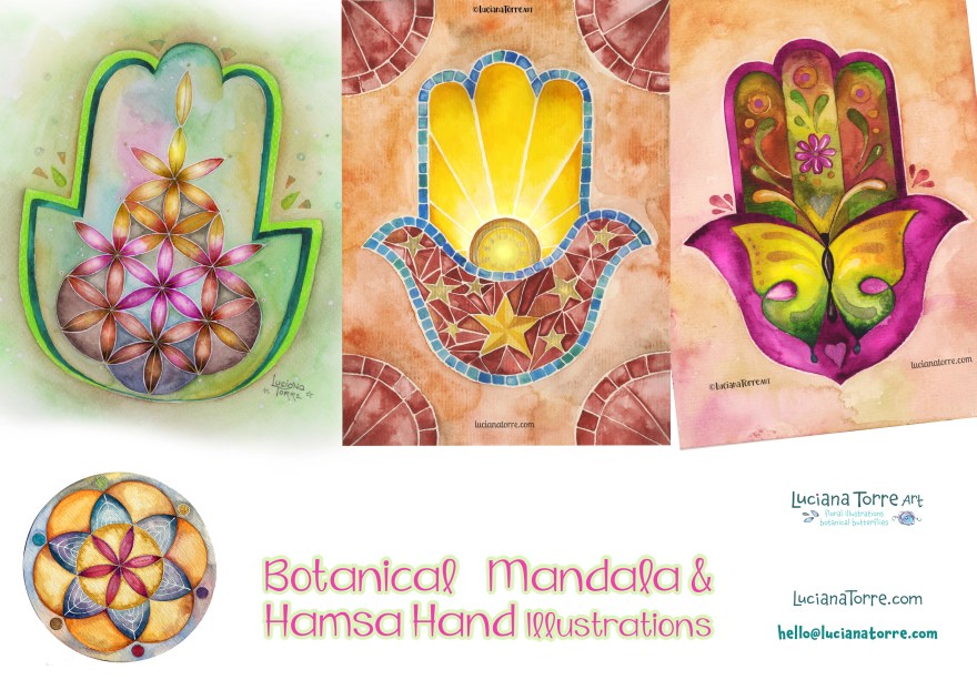 hand-painted botanical illustrations featuring floral mandalas, leaves and spring blossoms. floral mandala illustrations and hamsa hand painted designs, featuring watercolor seed of life and flower of life, along with hand drawn lettering to selfcare