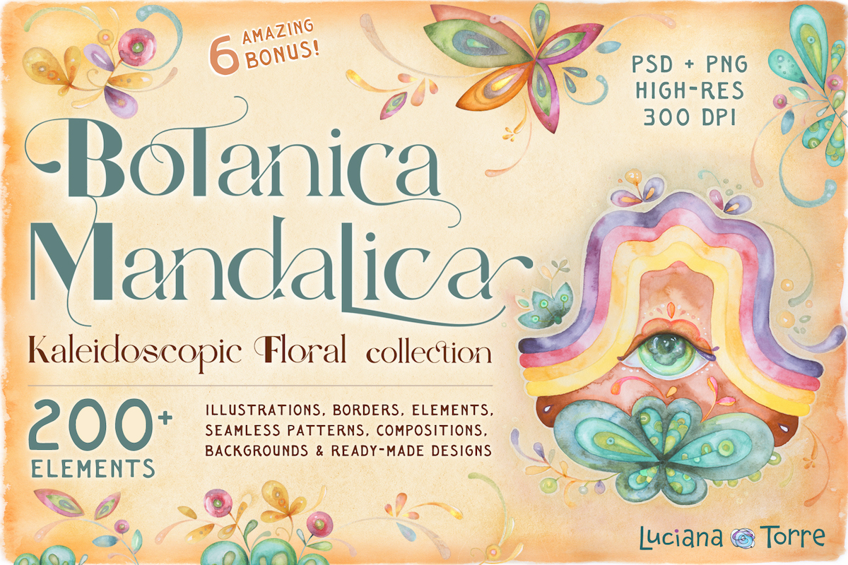 Botanica Mandalica Kaleidoscopic Floral Collection by Luciana Torre. Over 200 high-resolution PSD and PNG elements including illustrations, borders, seamless patterns, compositions, backgrounds, and ready-made designs for digital artists, designers, and crafters.
