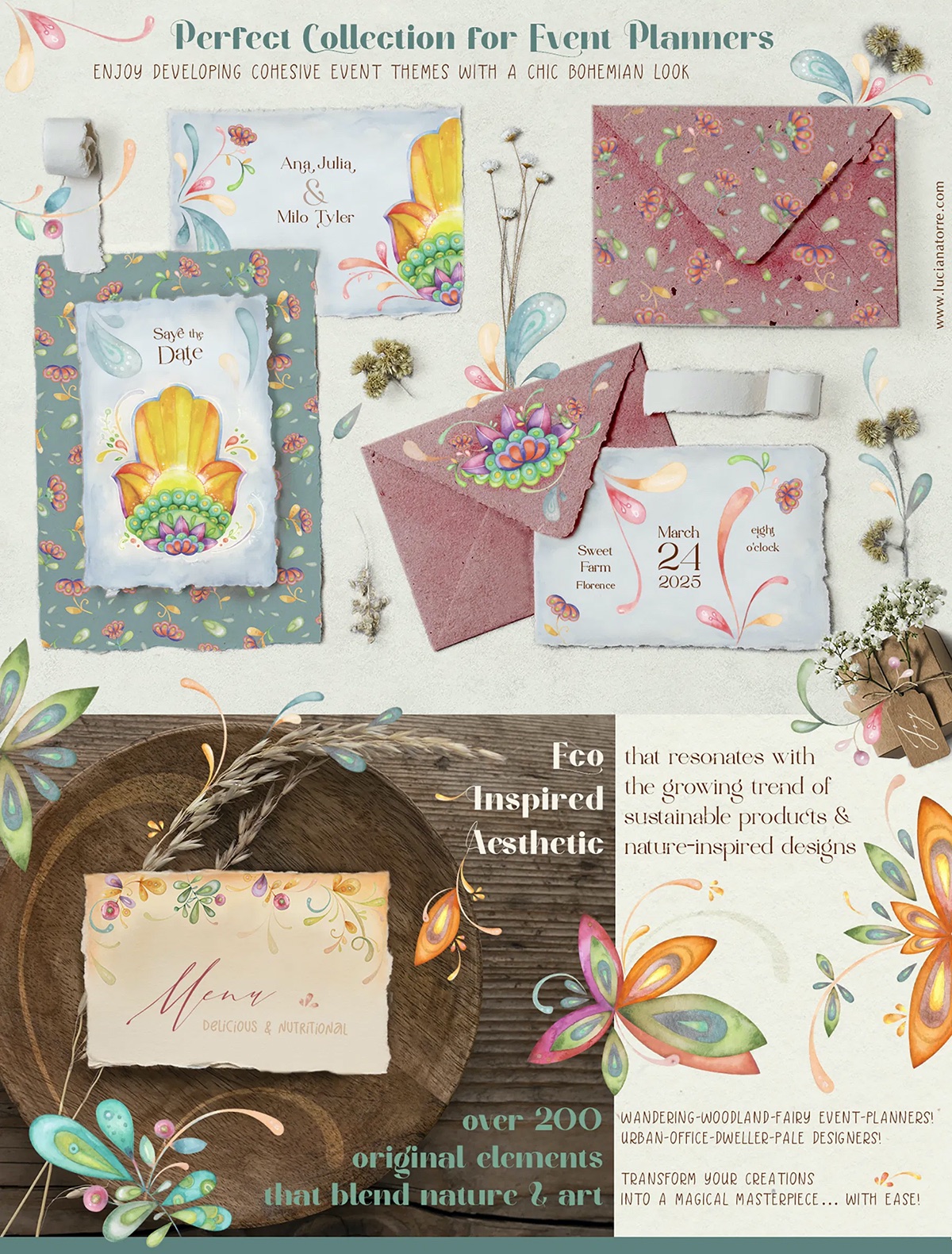 eco-inspired graphics for wedding branding and event planners