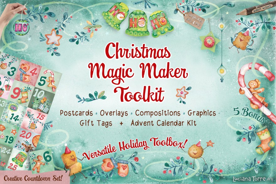 Christmas clip arts illustrations featuring holidays icons, winter food and Christmas decorations