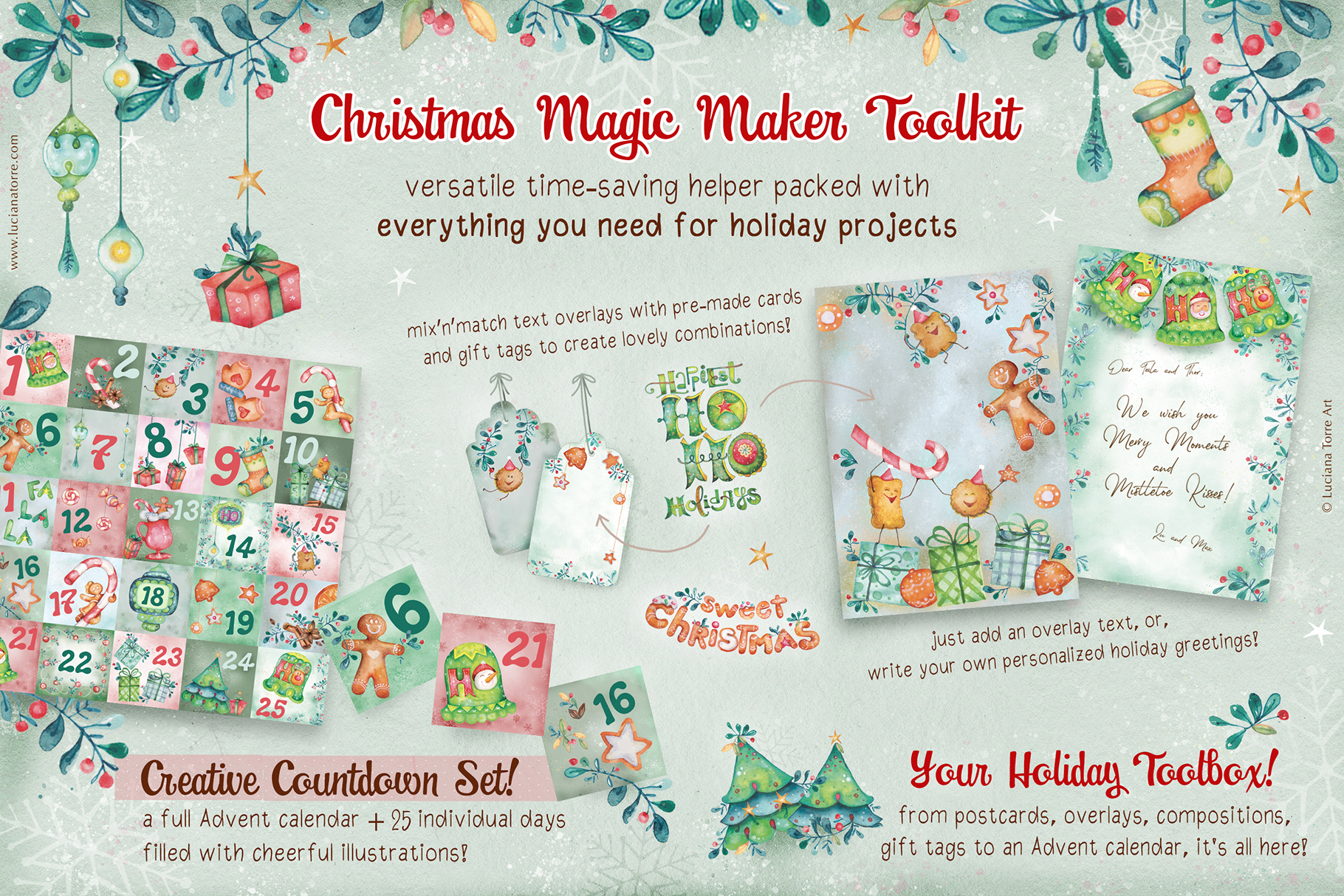 Printable Christmas clipart set for POD sellers with watercolor holiday graphics and festive icons