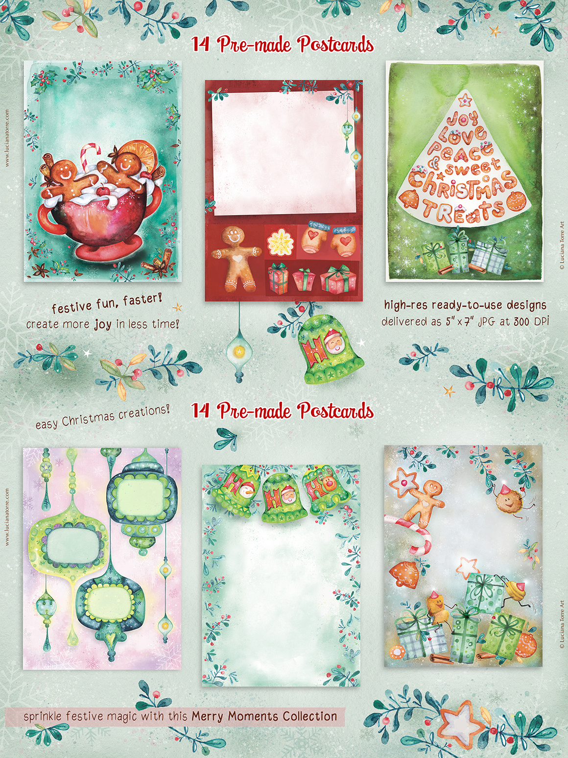 Holiday clipart kit for crafters and Etsy sellers that includes snowflakes, ginger cookies, Santa, christmas trees, holiday wreaths