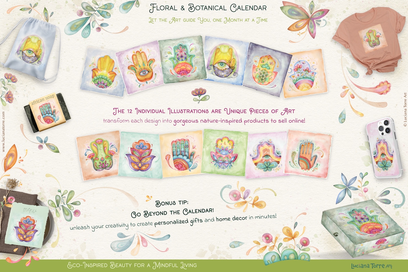 mindfulness calendar with hand-painted flowers and plants