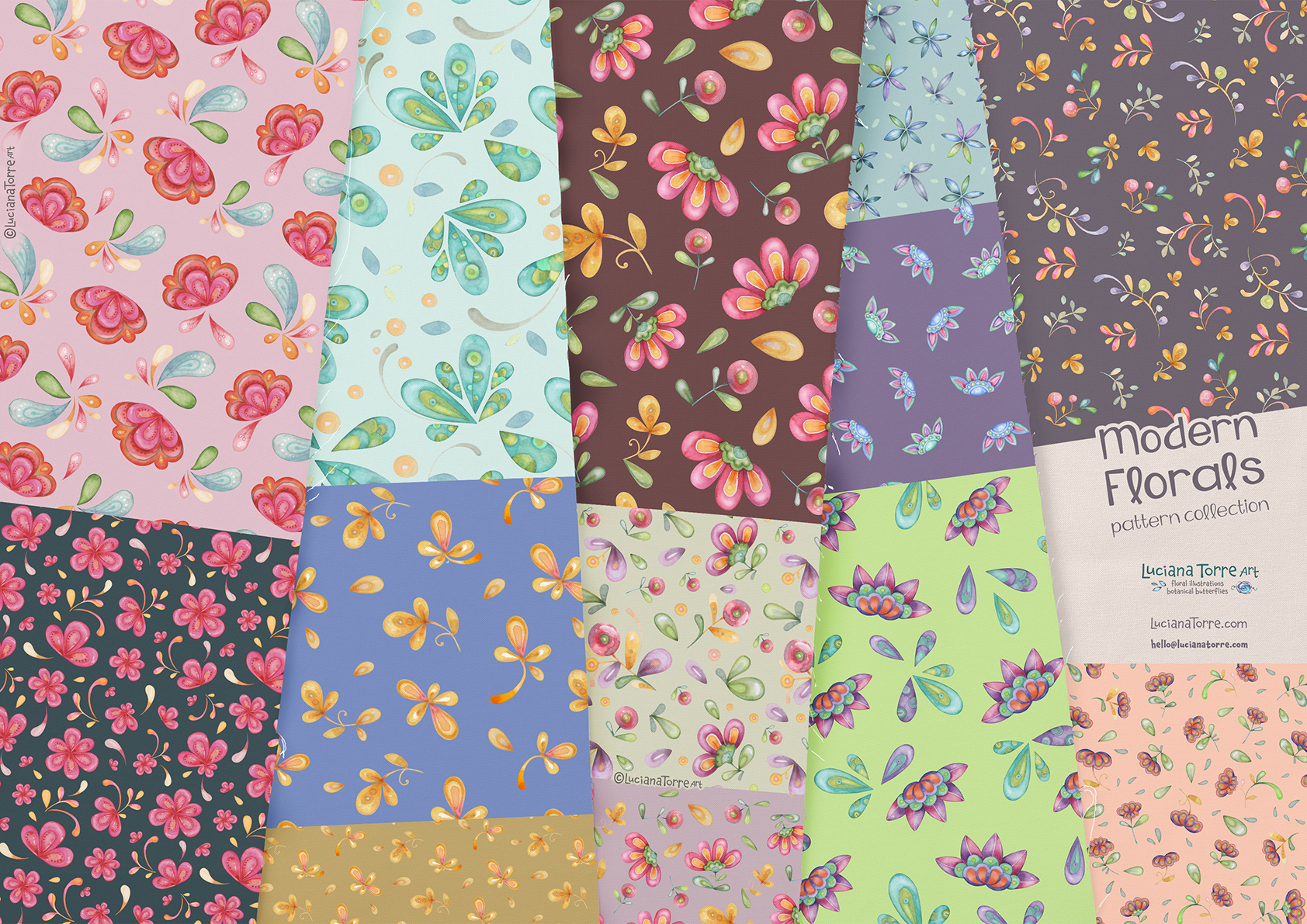 floral and botanical hand-painted pattern designs in modern style and abstract look