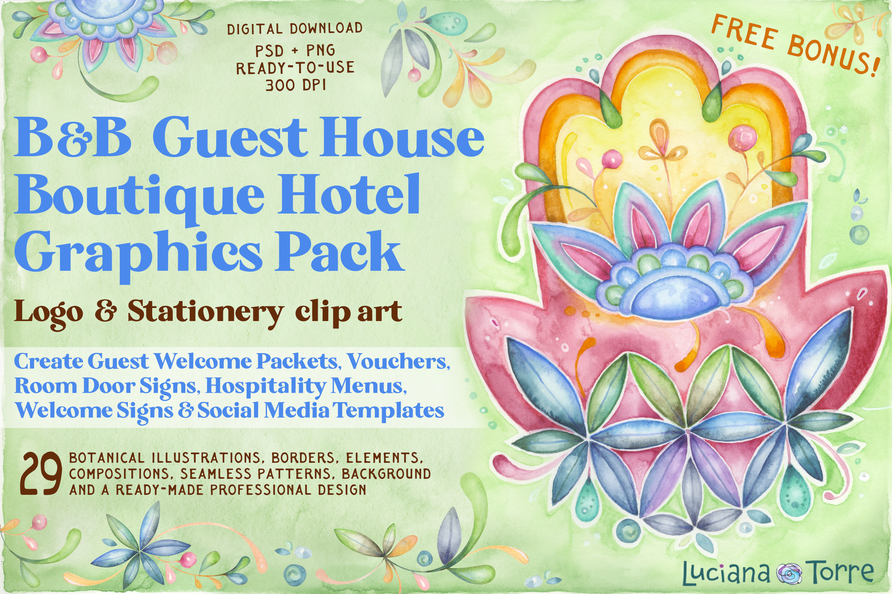 B&B welcome sign template botanical watercolor clip art. BnB Graphics & Boutique Hotel Branding Clipart. B&B Logo Design, Guest House Welcome Sign, Inn Stationery, bed‑and‑breakfast icons