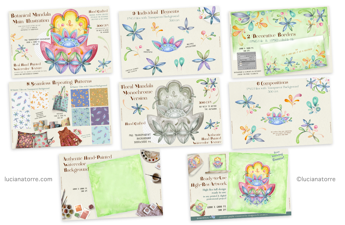 professional hand-painted watercolor botanical graphics showcasing various elements for hotel branding, including a main mandala illustration, individual floral elements, seamless patterns, monochrome versions, decorative borders, and a hand-painted watercolor background, all designed for use in hospitality marketing.