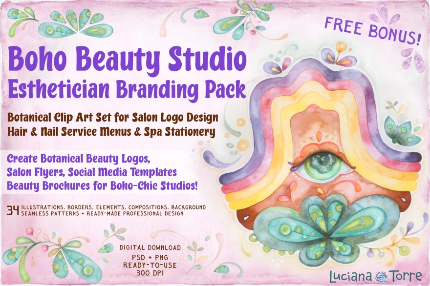 Boho Beauty Studio Branding Pack | Botanical Clip Art Set for Salon Logo Design, Menus, Price Lists & Spa Stationery. Beauty Salon Branding Clipart, Botanical Watercolor Elements for Esthetician Menu Templates, Makeup Artist, Floral Hair & Nail Logo Graphics