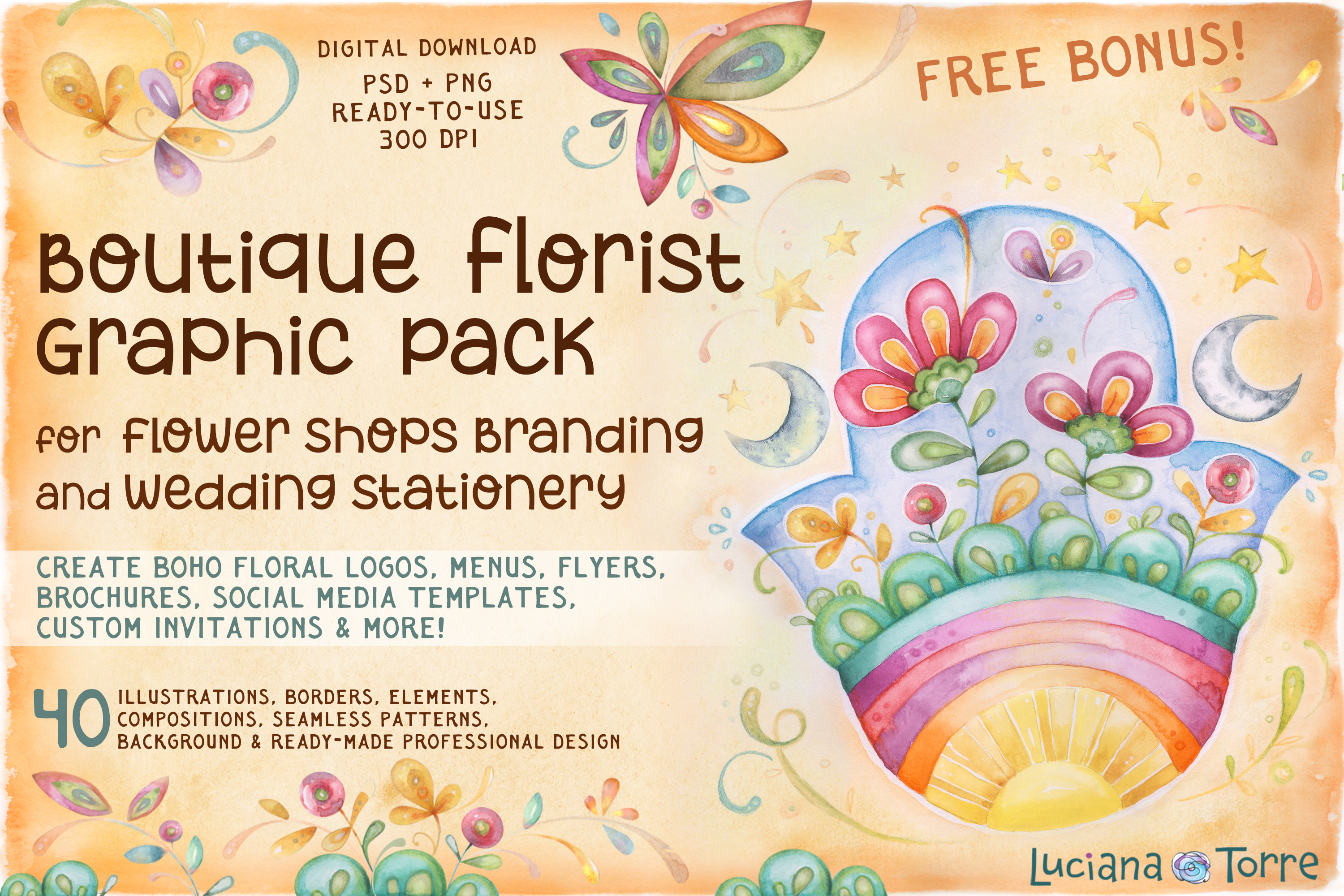 Turn Your Floral Design Aesthetic into a Beautiful Brand by downloading the Wedding Florist Branding Clip Art with Watercolor Floral Logo Elements, Botanical Wreaths, Flowers for Boho Invitations, PNG Floral Stationery