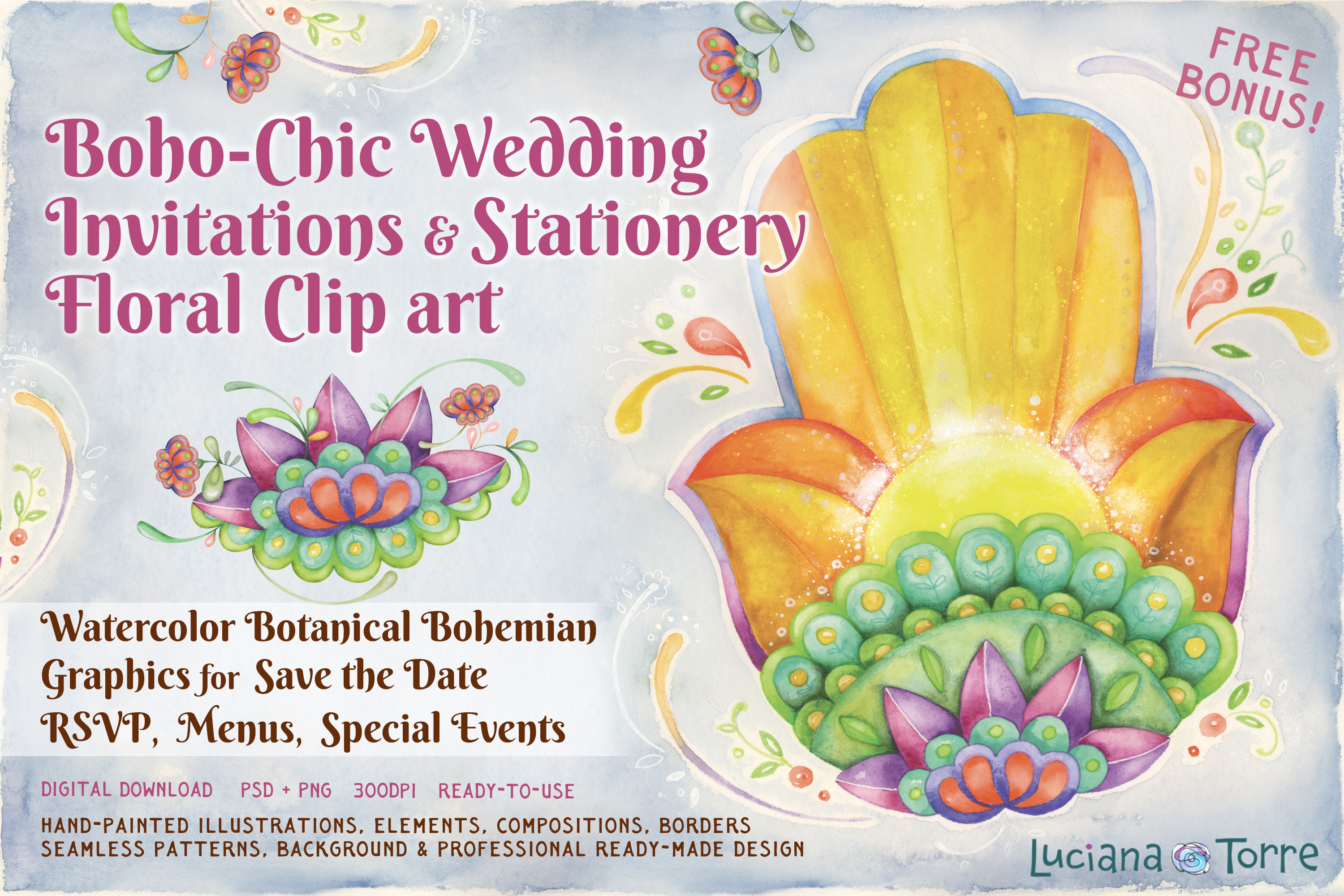 Boho-Chic Wedding Invitations & Stationery Floral Clip art for Boho Wedding Invitations, Special Events Stationery, Save the Date, Menus, RSVP Cards, Bride-to-be Engagement & Bridal Shower invitations