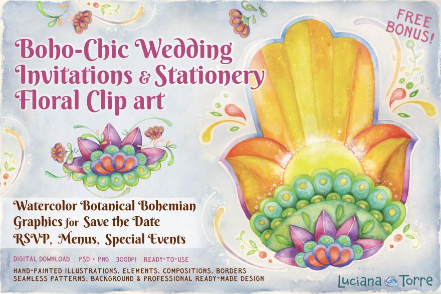 Boho-Chic Wedding Invitations & Stationery Floral Clip art for Boho Wedding Invitations, Special Events Stationery, Save the Date, Menus, RSVP Cards, Bride-to-be Engagement & Bridal Shower invitations