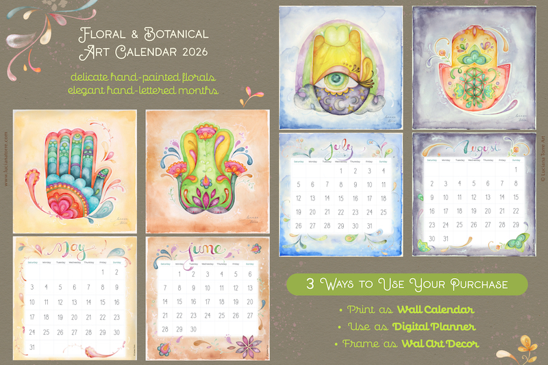 2026 Printable Calendar with 12 Botanicals Florals art prints. Monthly planner and digital organizer